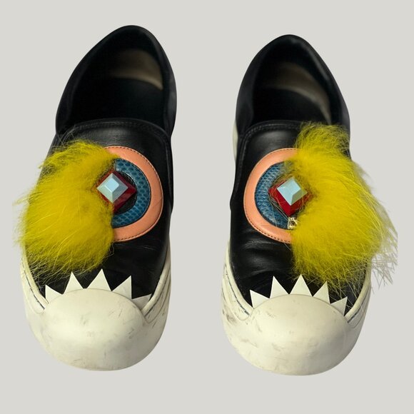 Fendi Monster Slip-On Sneakers Black Yellow Fur 37.5 COA - Picture 2 of 12